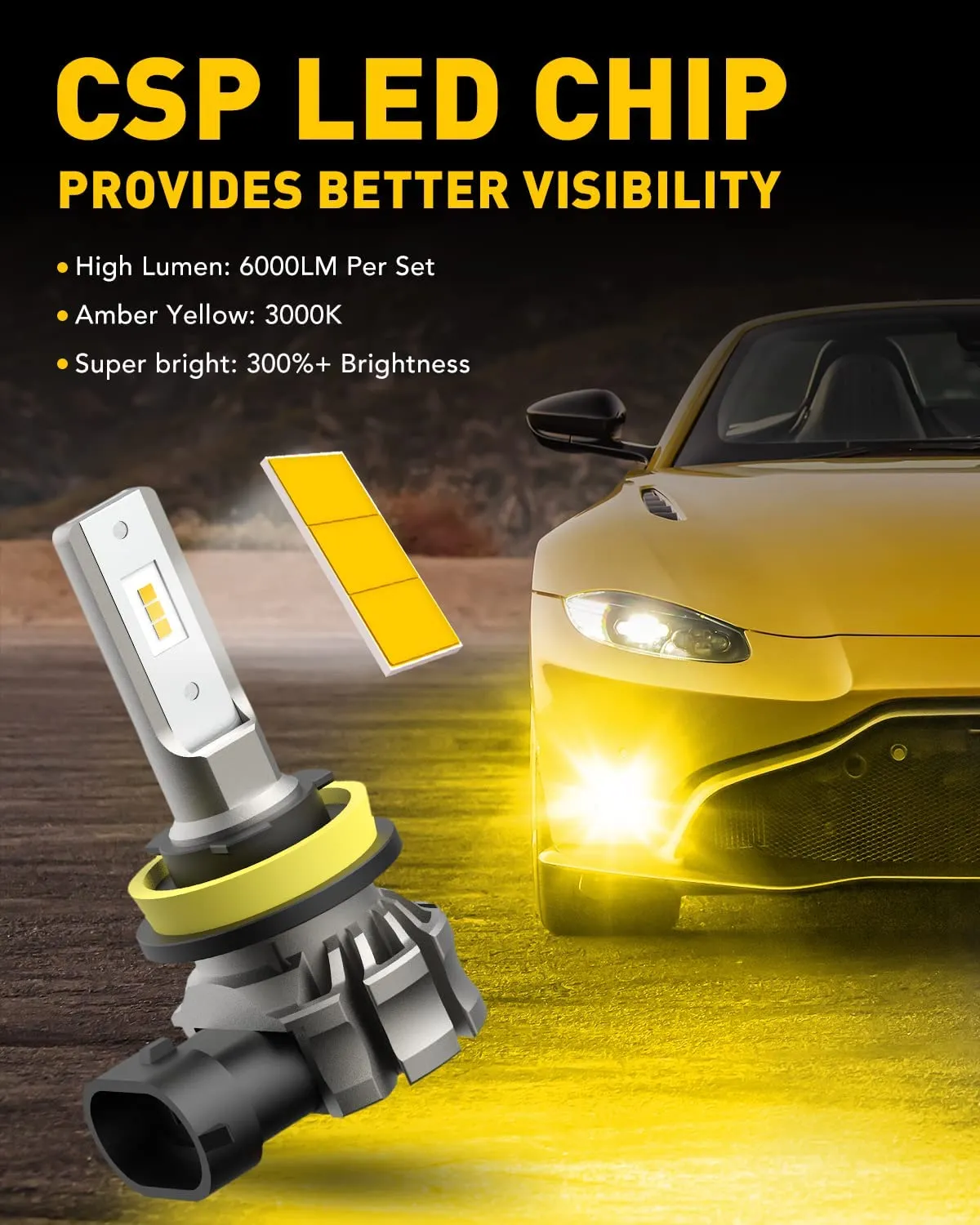 LED Fog Light Bulbs, 6000 Lumens, Amber Yellow, (Pack of 2)