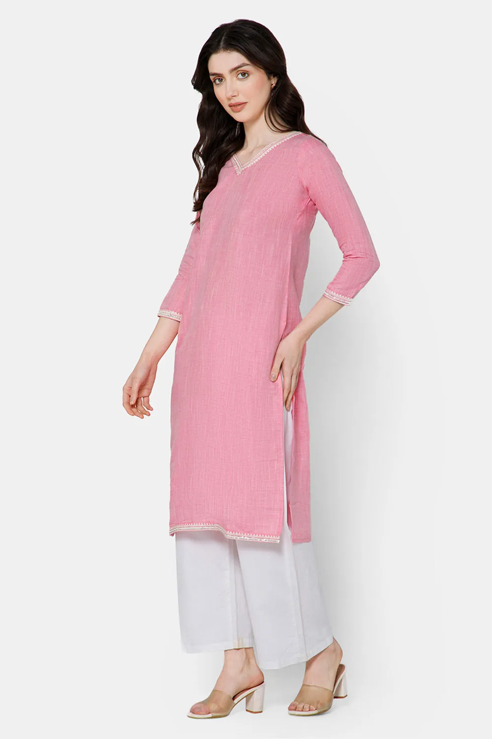 Mythri Straight kurthi with V-neck and 3/4th sleeves  - Peach - E077