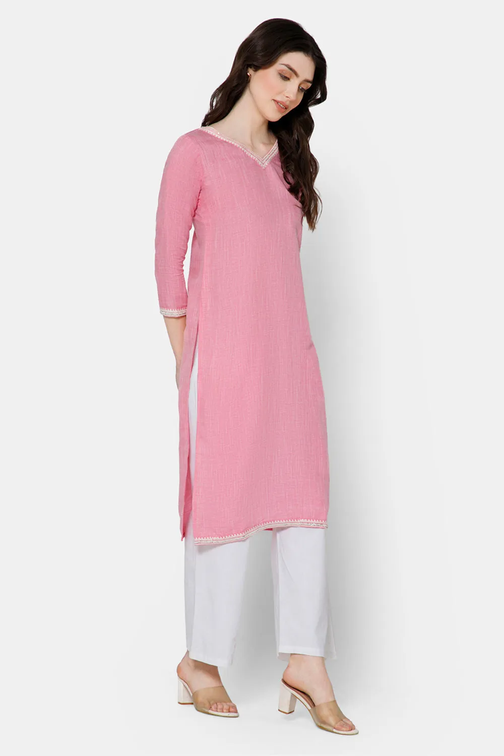 Mythri Straight kurthi with V-neck and 3/4th sleeves  - Peach - E077