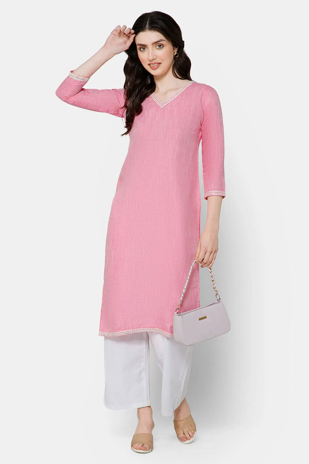 Mythri Straight kurthi with V-neck and 3/4th sleeves  - Peach - E077
