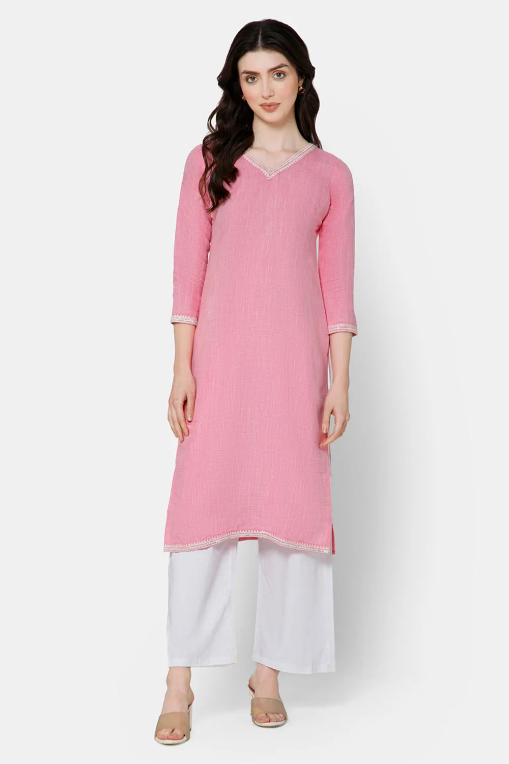 Mythri Straight kurthi with V-neck and 3/4th sleeves  - Peach - E077