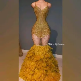 Rhinestone Spaghetti Strap Shimmer Crystal Feather Gown.