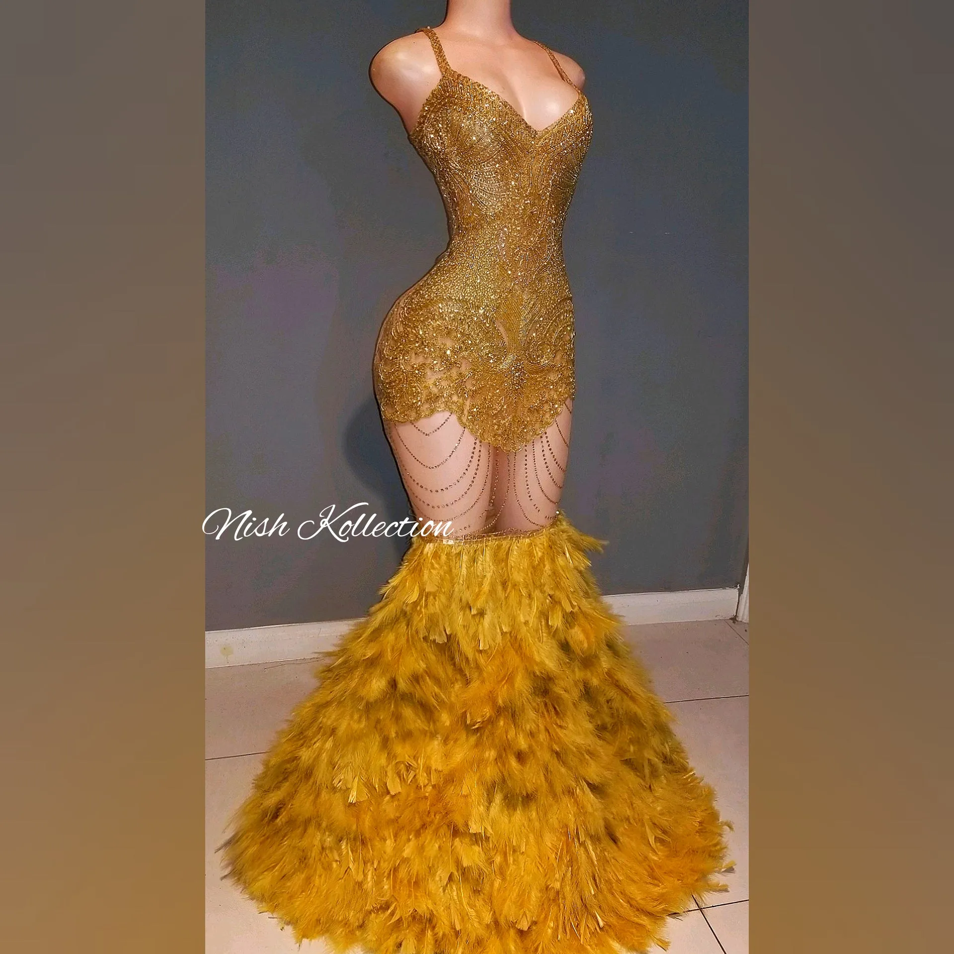 Rhinestone Spaghetti Strap Shimmer Crystal Feather Gown.