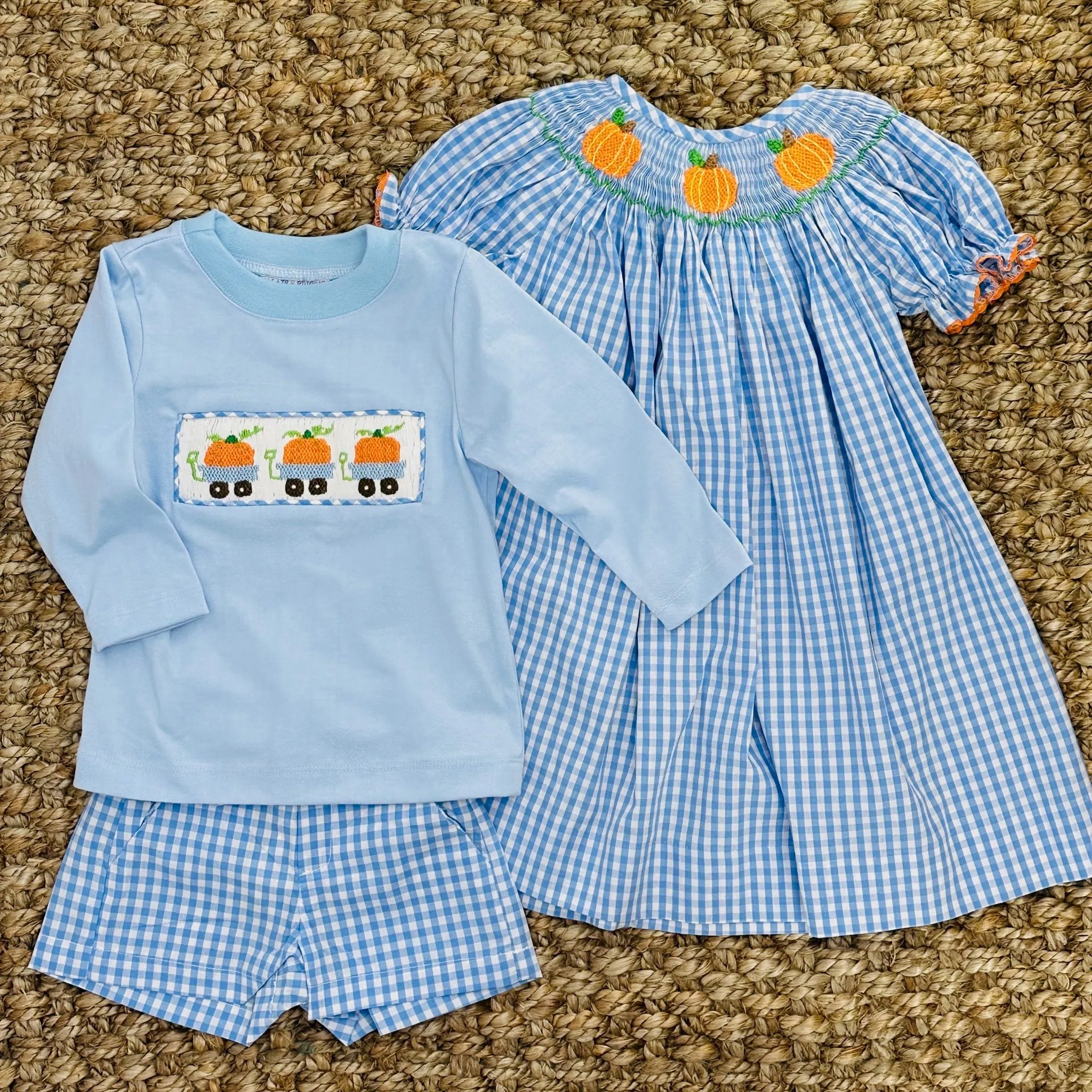 Smocked Pumpkin Shirt in Blue Knit (shorts sold separately)