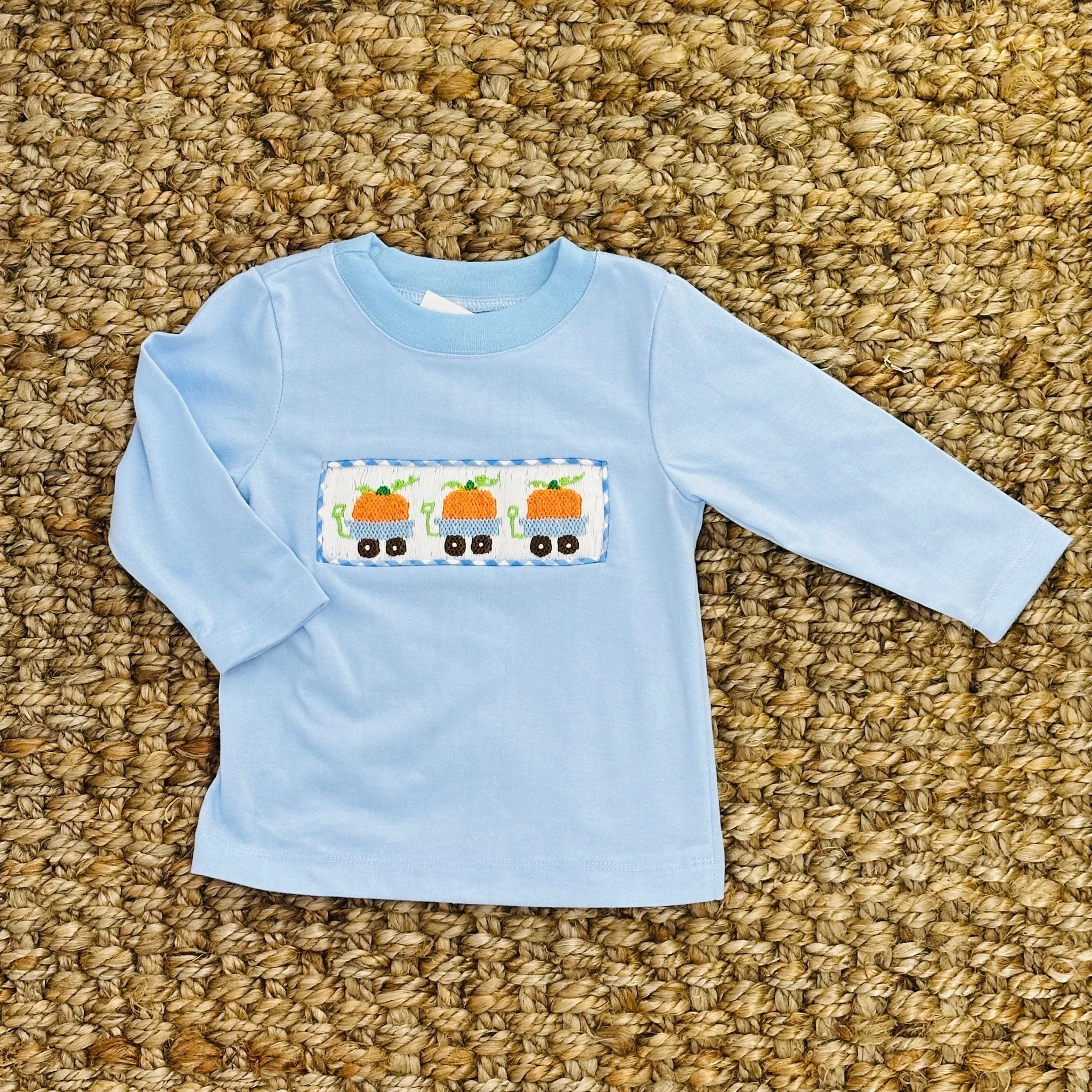 Smocked Pumpkin Shirt in Blue Knit (shorts sold separately)