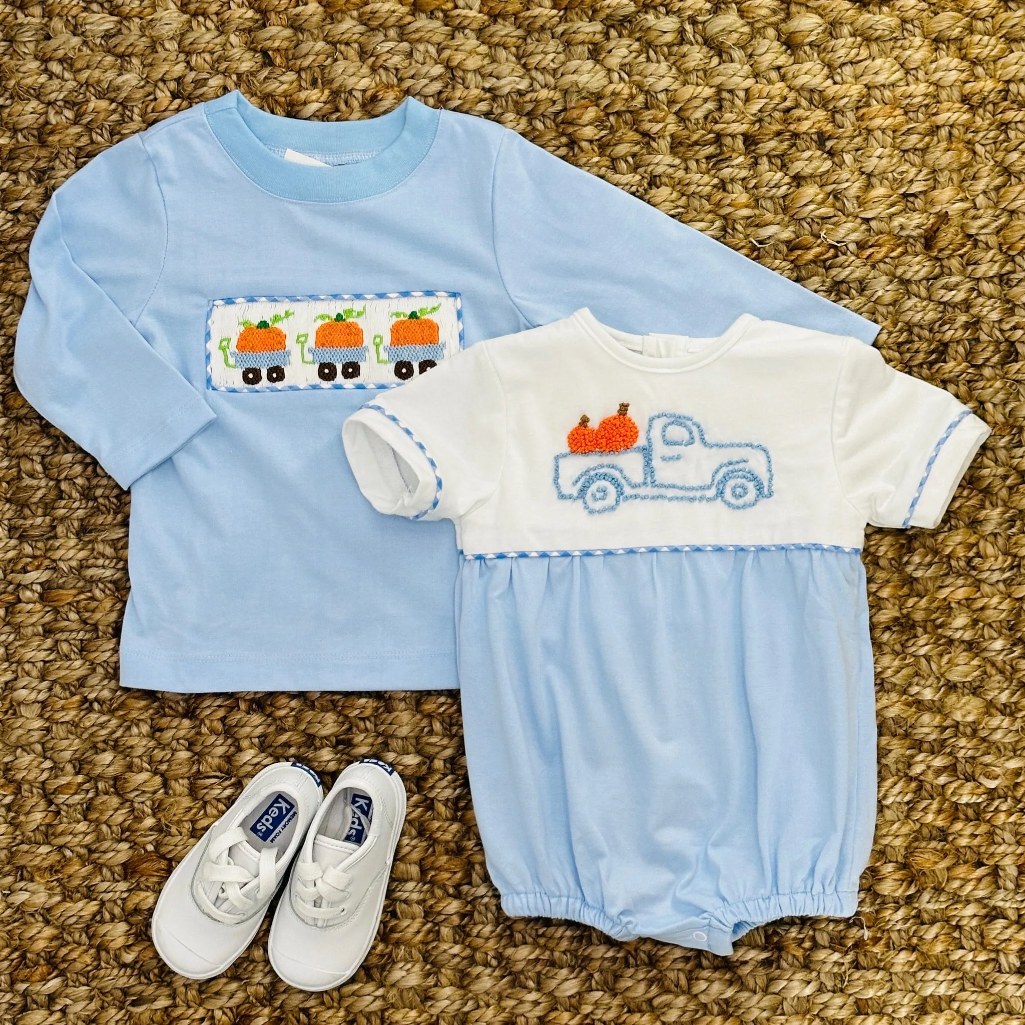 Smocked Pumpkin Shirt in Blue Knit (shorts sold separately)
