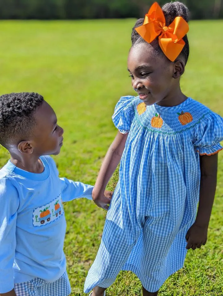 Smocked Pumpkin Shirt in Blue Knit (shorts sold separately)