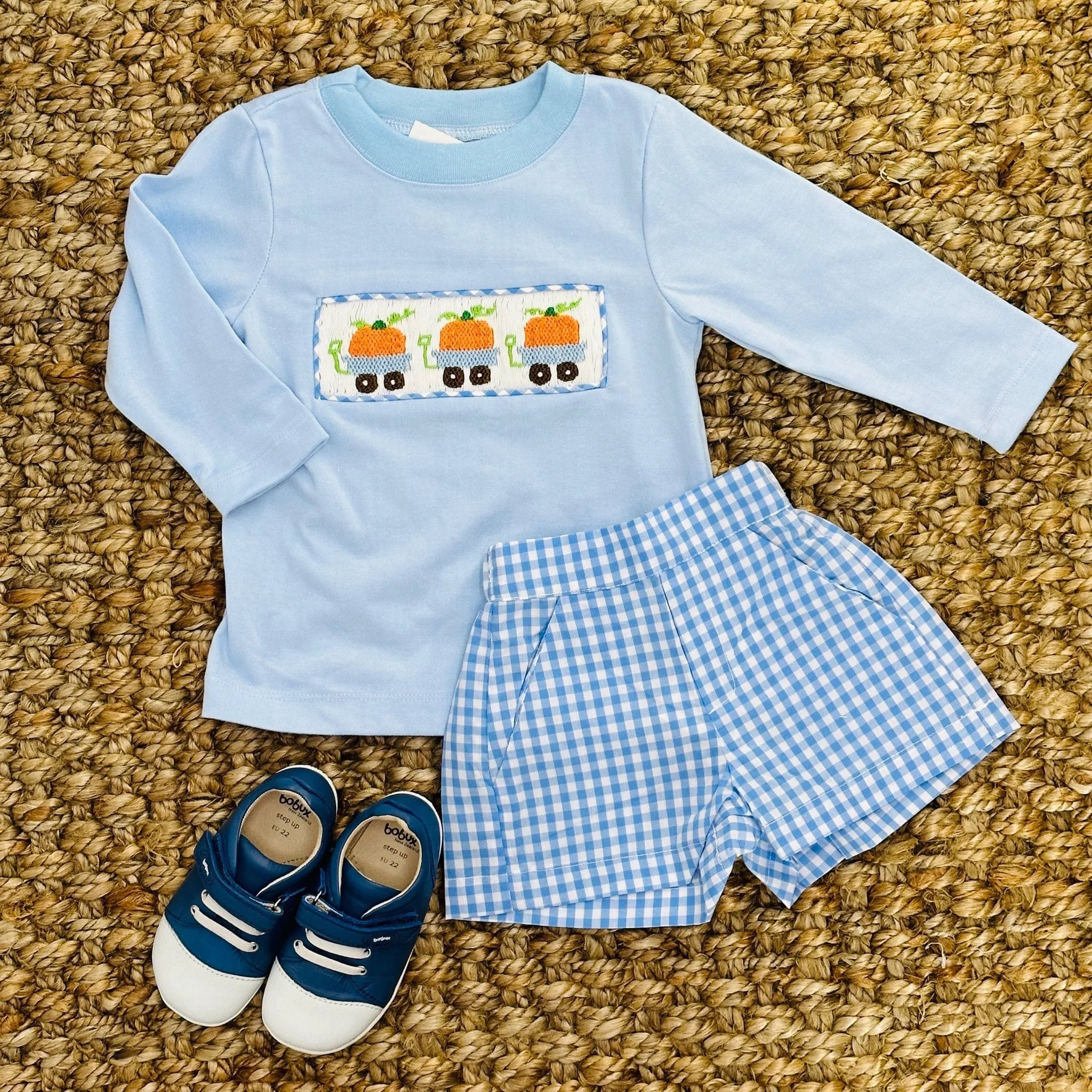Smocked Pumpkin Shirt in Blue Knit (shorts sold separately)