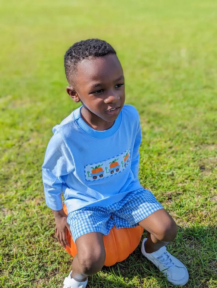 Smocked Pumpkin Shirt in Blue Knit (shorts sold separately)